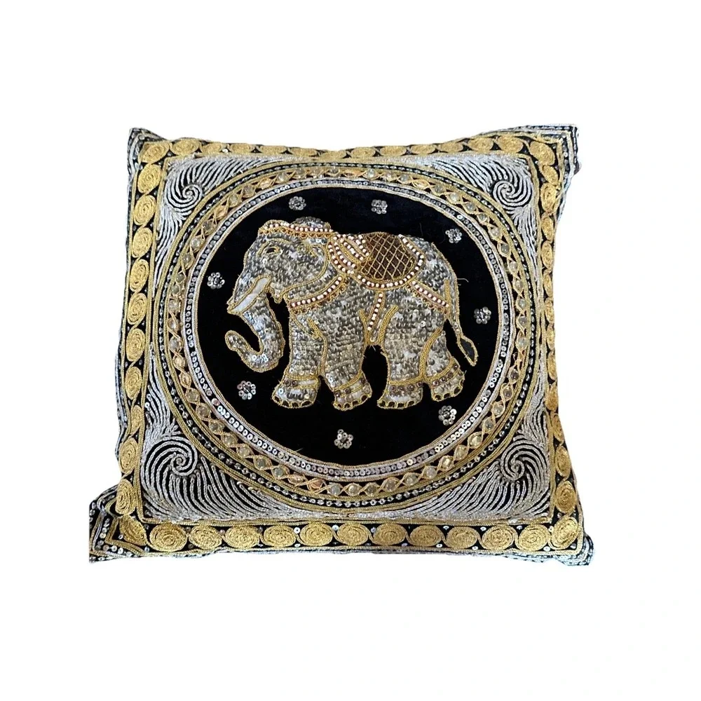 Ornate‎ Thai Elephant Throw Pillow Embroidered Sequined Tapestry Accent 15x15